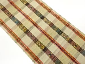 手織り紬縞に横段・幾何学模様織出し名古屋帯